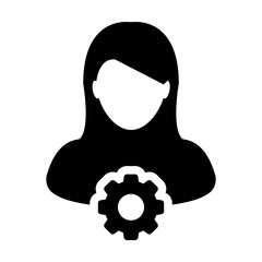 Engineer icon vector female person profile avatar with gear cogwheel for settings and configuration in flat color glyph pictogram illustration