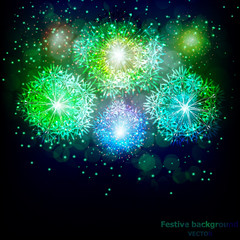 Fototapeta premium Red fireworks for holidays. Sparkling in dark sky. Fireworks for festive events, new year, Christmas, 4th July. Vector illustration.