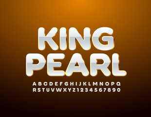 Vector beautiful logo King Pearl. White and Golden Uppercase Font. Elite Alphabet Letters and Numbers