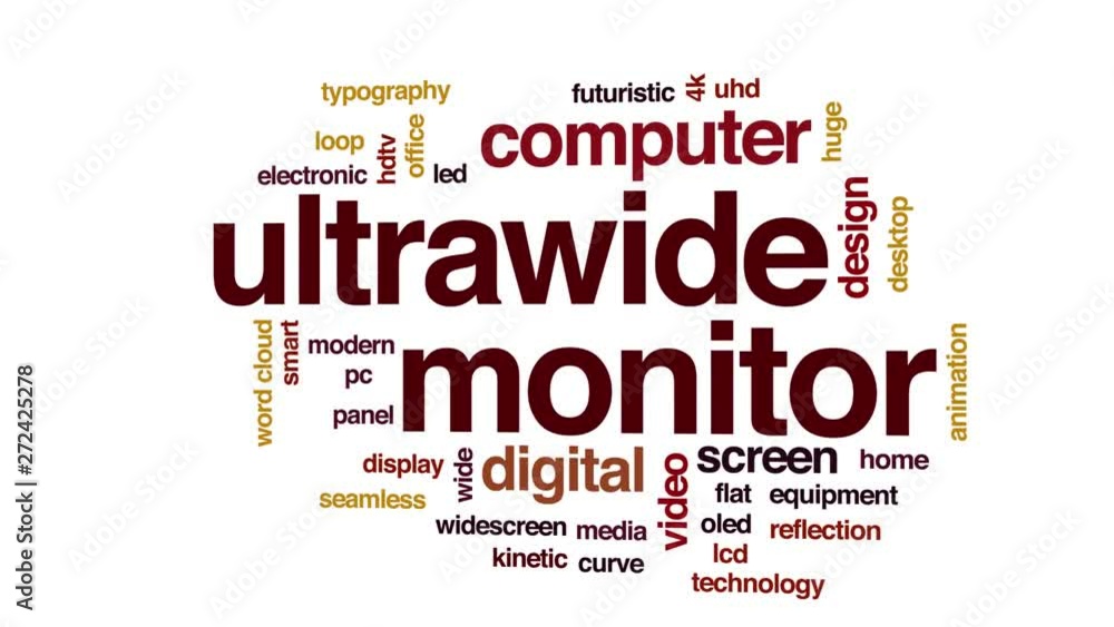 Poster ultrawide monitor animated word cloud, text design animation. kinetic typography.
