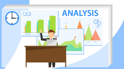 Business analysis infographics. A man sits at a table with a laptop and analyzes. Vector illustration of marketing