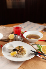 Cutlets with steamed rice for a nutritious lunch out