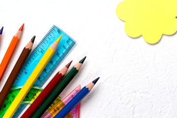 School supplies. Back to school concept on white background Top view Flat lay
