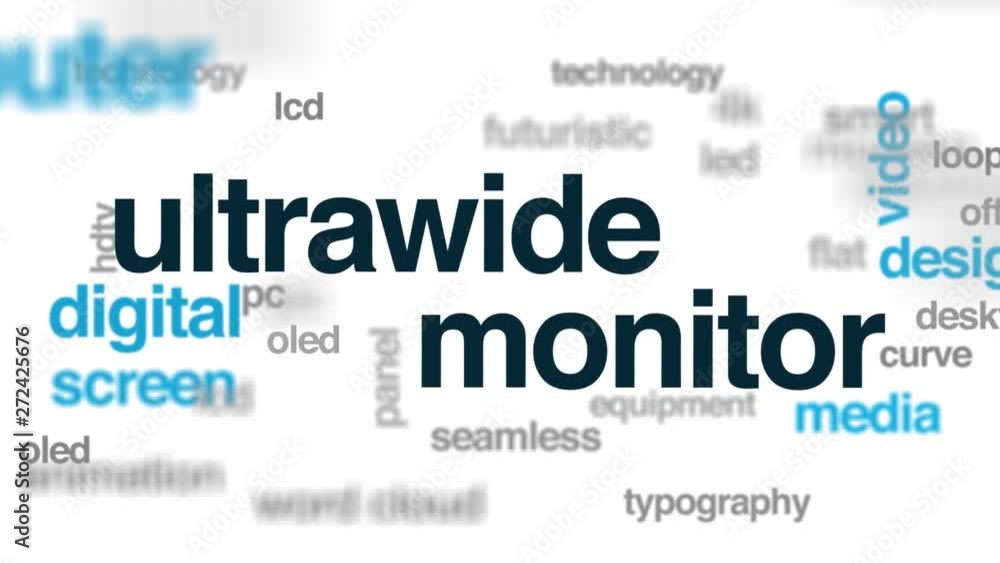Poster ultrawide monitor animated word cloud, text design animation. kinetic typography.