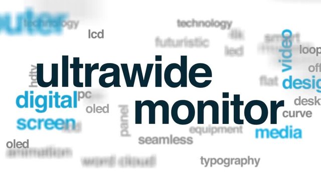 Ultrawide monitor animated word cloud, text design animation. Kinetic typography.