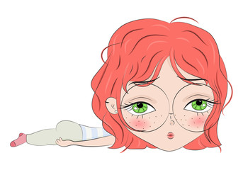 Hand drawn beautiful cute haired girl. Children cartoon character. T-shirt print. Template for design cards, notebook, shop, poster. Tired girl