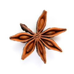 Star anise. Single star anise fruit. Macro close up Isolated on white square background with shadow, top view of chinese badiane spice or Illicium verum.