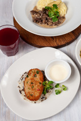 Crunchy chicken cutlet with steamed rice as a part of healthy lunch