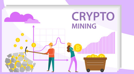 Crypto mining. People mine crypto currency from stone. The concept of crypto resource extraction. Vector illustration
