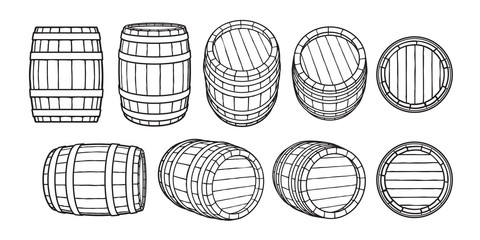 Set of wooden barrels in different positions. Front and side view,black at different angles Vector illustrations isolated on white.
