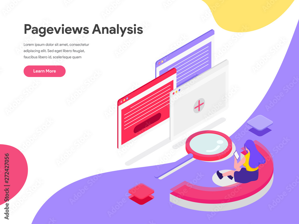 Poster landing page template of pageviews analysis isometric illustration concept. isometric flat design co