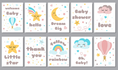 Fototapeta na wymiar Baby shower posters set Invitation stars moon cloud rainbow Baby arrival shower collection text phrase Vector