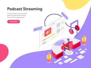 Fototapeta na wymiar Landing page template of Podcast Streaming Isometric Illustration Concept. Isometric flat design concept of web page design for website and mobile website.Vector illustration