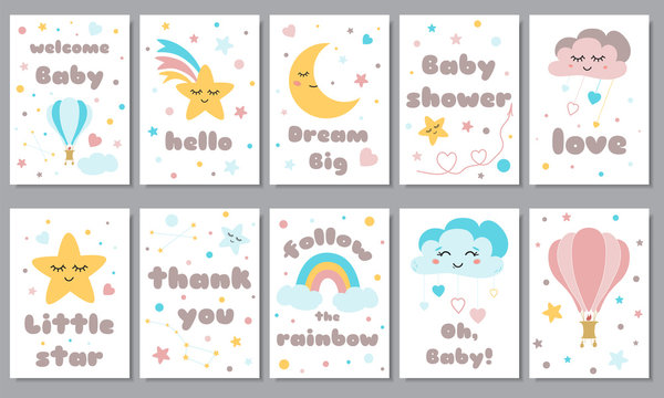 Baby shower posters set Invitation stars moon cloud rainbow Baby arrival shower collection text phrase Vector