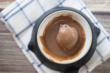 Melting dark chocolate ice cream in bowl