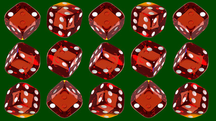 15 red transparent plastic dice, rotating on a dark green background.