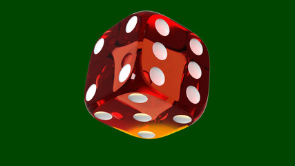 Red transparent plastic dice, rotating on a dark green background.