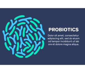 Vector background with probiotics in circular shape. Bifidobacterium, lactobacillus. Lactic acid bacterium. Medicine or dietary supplement. Landing page template, banner, mailing, label, presentation
