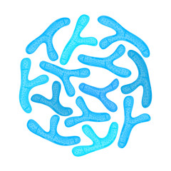 Vector probiotics in circular shape. Bifidobacterium. Microbiome. Medicine or dietary supplement. Brochure, flyer, label, cover, poster, banner, package, advertising, presentation. Blue color. Eps10