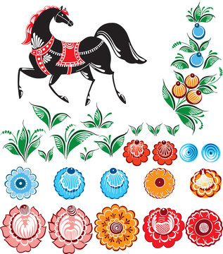 Set of elements of floral russian traditional vector ethnic ornament Gorodets on isolated white background for your design