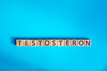 testosteron inscription wooden cubes with letters on a blue background