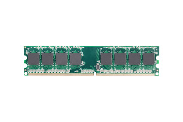 Green stick of RAM memory for computer with electronics components isolated on white background....