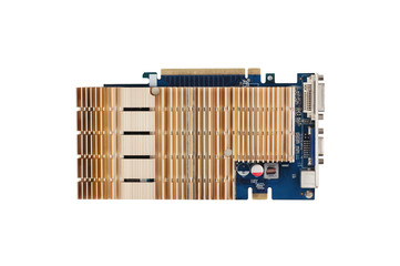 One graphic card with big metal radiator for computer isolated on white. Top view