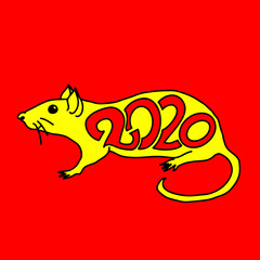 Rat sign. Chinese Happy new year 2020. Red and yellow holiday sketch. Vector illustration.