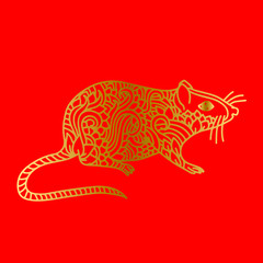 Rat sign. Chinese Happy new year 2020. Red and golden holiday sketch. Vector illustration.