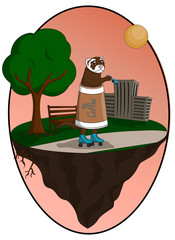 Illustration of ferret dressed in a coffee cup and on rollers on plot of land with tree and buildings levitate. T shirt printing