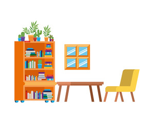 living room with couch and bookshelf of books