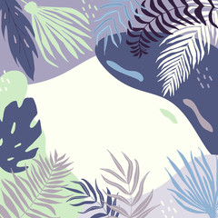 Naklejka premium Summer banner with tropical leaves, poster with palm tree, jungle leaf and lettering. Floral tropical background, design template for social media promotional content. Vector illustration