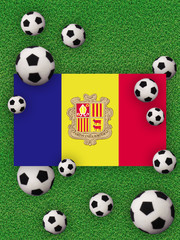 Football, soccer 2020. Andorra, flag with football balls on a grass background. Championship in Europe. 3D illustration.