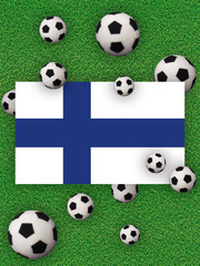 Football, soccer 2020. Finland, flag with football balls on a grass background. Championship in Europe. 3D illustration.