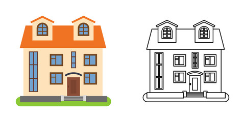 House front view in flat and line style