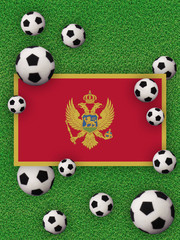 Football, soccer 2020. Montenegro, flag with football balls on a grass background. Championship in Europe. 3D illustration.