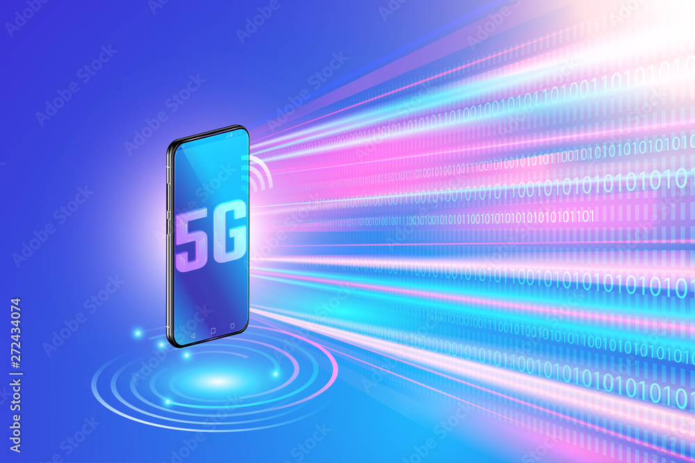 Poster 5g network technology on smartphone and high speed wireless network. next generation of internet