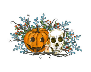 Watercolor  Hand drawn Halloween holiday composition with scull, candle and pumpkin