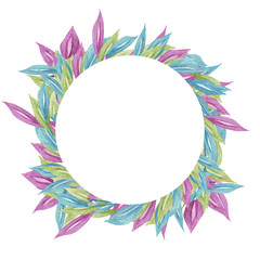 Fototapeta na wymiar Round tropical frame in watercolor style. Bright color tropical frame with blue, green, purple leaves for postcard, web design, wedding onvitation.