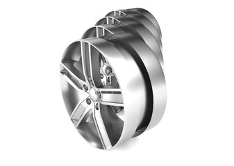 Aluminum wheel image 3D render high quality rendering. White picture figured alloy rim for car, tracks.