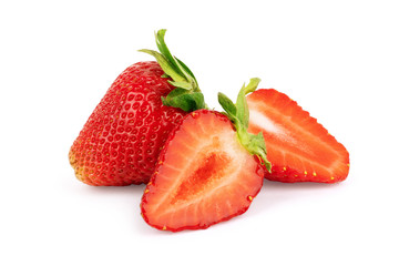 Perfectly retouched strawberry with sliced half and leaves isolated on white background with clipping path.