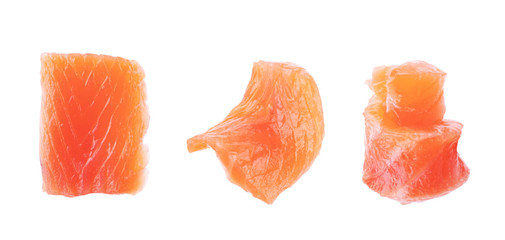 Set of slices of salted salmon on a white background
