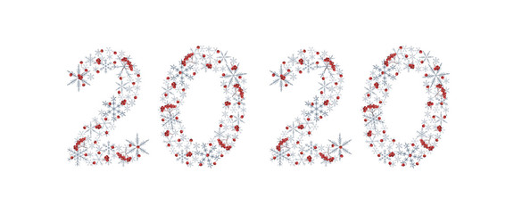Christmas inscription 2020 with snowflakes and rowan berries.