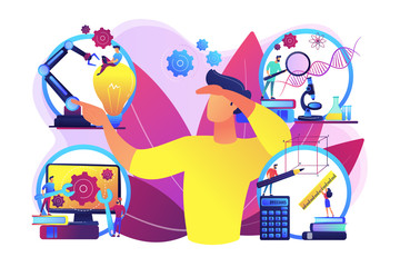 Multidisciplinary teaching method, modern learning system, knowledge gaining. STEM education, STEM integration, engineering for kids concept. Bright vibrant violet vector isolated illustration