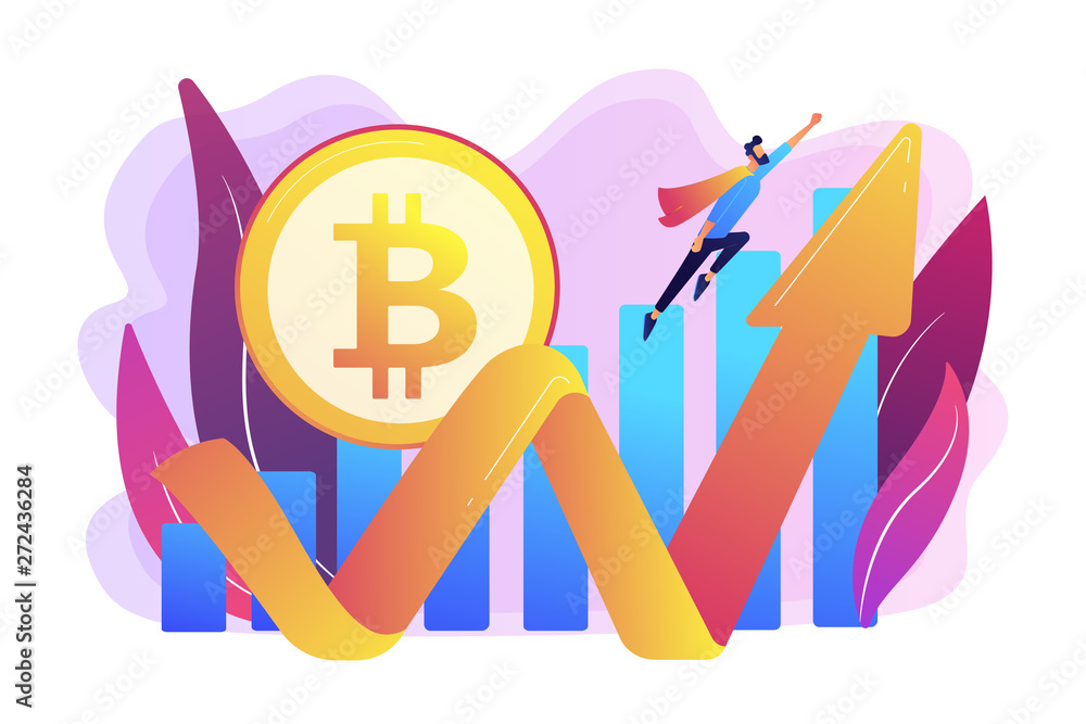 Wall mural Virtual money capitalization rise. Blockchain technology. Cryptocurrency makes comeback, bitcoin price back, cryptocurrency market growth concept. Bright vibrant violet vector isolated illustration