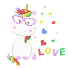 Cute cartoon magical unicorn with colorful hearts.