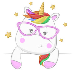 Cute cartoon magical unicorn with gold stars isolated on a white background.