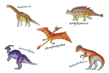 Dinosaurs set, watercolor illustration kids animals.