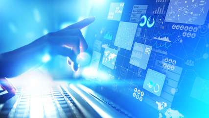 Business intelligence analyst dashboard on virtual screen. Big data Graphs Charts.
