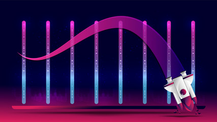 Business concept, recession business. Graph of fallen spaceship hit the base. EPS10, Vector, Illustration. Size ratio 1920x1080 px.